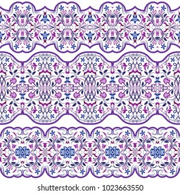 Seamless arabic patterns for border. Repeated oriental motif for fabric or paper design. Violet pattern on a white background.