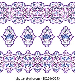 Seamless arabic patterns for border. Repeated oriental motif for fabric or paper design. Violet pattern on a white background.