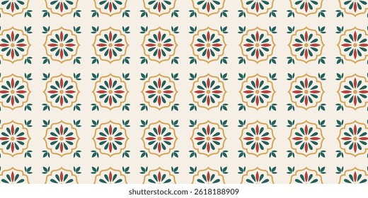 Seamless Arabic style pattern. Geometric tile motif with floral elements for textile design, wallpaper, wrapping paper, invitations, stationery and decor. Vector illustration