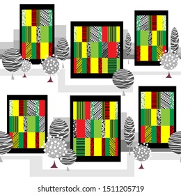 Seamless architecture border pattern. Colorful houses and gray trees VECTOR ILLUSTRATION on white background