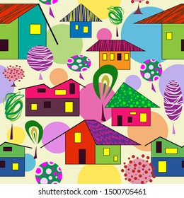 Seamless architecture pattern. Cartoon houses and trees on light yellow background. VECTOR ILLUSTRATION.