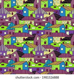 Seamless architecture pattern. Colorful houses background VECTOR ILLUSTRATION.