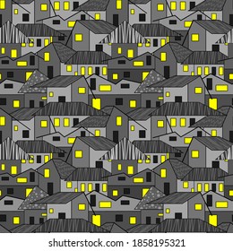 Seamless architecture pattern. Grey houses and yellow lighting windows VECTOR ILLUSTRATION.