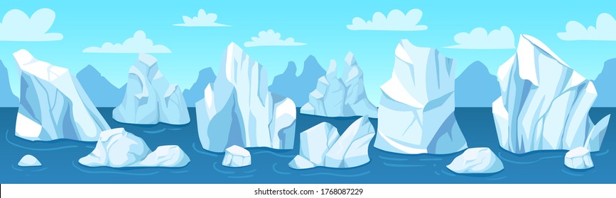 Seamless arctic landscape. Icebergs, snow mountains and hills antarctic drifting glacier, winter panorama, wallpaper vector illustration. Nature in north pole, ocean with melting ice cliff