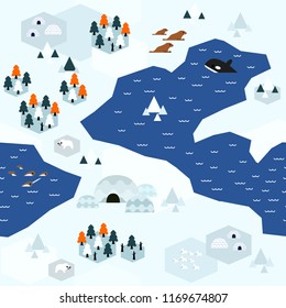 Seamless arctic map pattern in a very simple flat style, complete with its animals, plants, and local settlement. This variant (Variant C) is combinable with map in the same series.