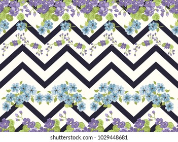 Seamless ardent pattern in sweet flowers. Composite overlay. Floral arrangements on shevron background. For textile, wallpaper, covers, surface, print, gift wrap, scrapbooking, decoupage.