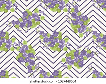 Seamless ardent pattern in sweet flowers. Composite overlay. Floral arrangements on shevron background. For textile, wallpaper, covers, surface, print, gift wrap, scrapbooking, decoupage.