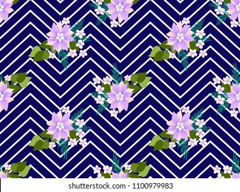 Seamless ardent pattern in sweet flowers. Composite overlay. Floral arrangements on shevron background. For textile, wallpaper, covers, surface, print, gift wrap, scrapbooking, decoupage.