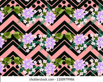 Seamless ardent pattern in sweet flowers. Composite overlay. Floral arrangements on shevron background. For textile, wallpaper, covers, surface, print, gift wrap, scrapbooking, decoupage.