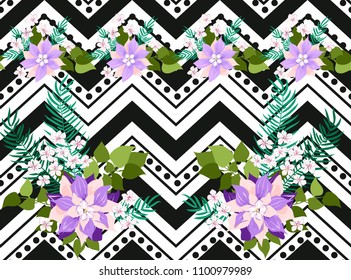 Seamless ardent pattern in sweet flowers. Composite overlay. Floral arrangements on shevron background. For textile, wallpaper, covers, surface, print, gift wrap, scrapbooking, decoupage.