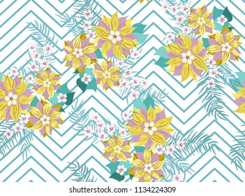 Seamless ardent pattern in sweet flowers. Composite overlay. Floral arrangements on shevron background. For textile, wallpaper, covers, surface, print, gift wrap, scrapbooking, decoupage.
