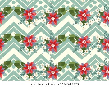 Seamless ardent pattern in sweet flowers. Composite overlay. Floral arrangements on shevron background. For textile, wallpaper, covers, surface, print, gift wrap, scrapbooking, decoupage.