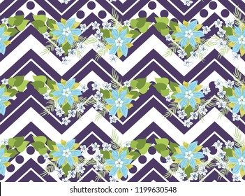 Seamless ardent pattern in sweet flowers. Composite overlay. Floral arrangements on shevron background. For textile, wallpaper, covers, surface, print, gift wrap, scrapbooking, decoupage.