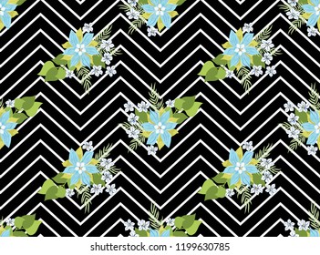 Seamless ardent pattern in sweet flowers. Composite overlay. Floral arrangements on shevron background. For textile, wallpaper, covers, surface, print, gift wrap, scrapbooking, decoupage.