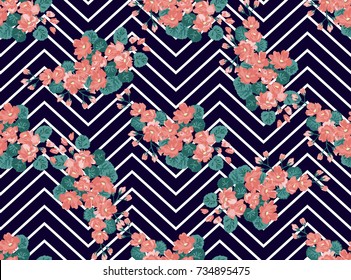 Seamless ardent pattern in sweet flowers. Composite overlay. Floral arrangements on ?hevron background. For textile, wallpaper, covers, surface, print, gift wrap, scrapbooking, decoupage.