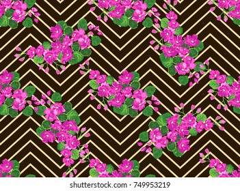 Seamless ardent pattern in sweet flowers. Composite overlay. Floral arrangements on shevron background. For textile, wallpaper, covers, surface, print, gift wrap, scrapbooking, decoupage.