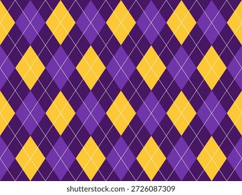 Padrão de diamante em estilo argilo sem costura em roxo e amarelo com linhas reticuladas brancas. Geometric Mardi Gras cores padrão sem costura para papel de parede, têxtil e papel de embrulho.