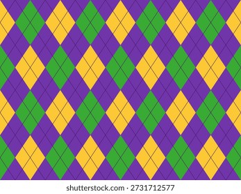 Seamless argyle diamond pattern in purple,  yellow and green. Geometric Mardi Gras colors seamless background for textile, wallpaper, and wrapping paper. 