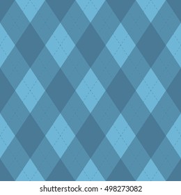 Seamless argyle fabric with stitches pattern in pale blue colors.