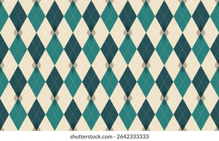 Seamless argyle pattern with alternating diamond shapes in teal, dark blue, and beige colors, featuring white outlines and translucent gray diamonds at intersections, creating a classic textile design