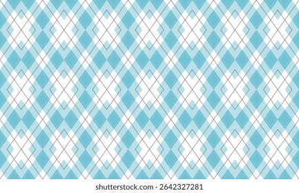 Padrão de argyle sem costura com diamantes brancos e azuis claros alternados delineados por linhas pontilhadas pretas finas, dispostos diagonalmente sobre fundo branco nítido. perfeito para têxtil, moda, design digital