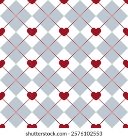 Seamless argyle pattern blue and white with hearts