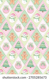 Patrón de argyle sin costuras. Patrón de repetición de arlequín colorido en verde y rojo para Navidades. Fondo gráfico de Vector de invierno para textiles y estampados. Árbol de navidad, hombre de nieve, pan de jengibre, luces