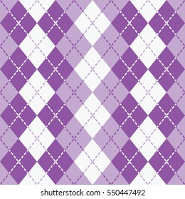 Seamless argyle pattern with dashed lines in shades of  purple and white. Elements are grouped by color. Pattern is in Swatches Palette.
