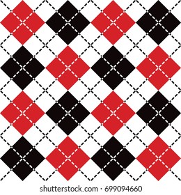 Seamless argyle pattern with dashed lines in red, black and white.