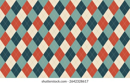 Seamless argyle pattern with diamond shapes arranged in a diagonal grid, featuring alternating shades of teal, dark blue, red, and beige. Perfect for textiles, backgrounds, digital design