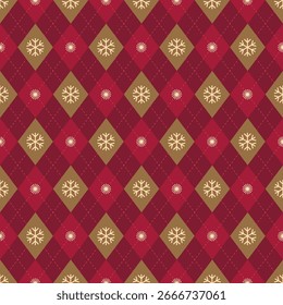 Padrão de argila sem costura com linhas pontilhadas, com flocos de neve dourados em um fundo vermelho e marrom rico, perfeito para uma sensação de férias acolhedor.