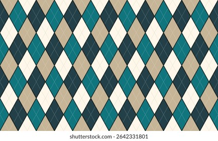 Seamless argyle pattern featuring alternating diamond shapes in teal, dark teal, beige, and cream, each outlined in black with a stitched X pattern in white, forming a symmetrical, stylish background