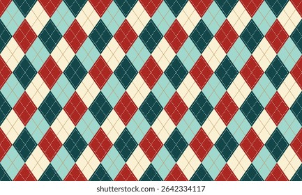 Seamless argyle pattern featuring alternating red, dark green, and light blue diamond shapes connected in a diagonal grid with stitched dashed outlines on a soft cream background, textile design