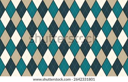 Seamless argyle pattern featuring alternating diamond shapes in teal, dark teal, beige, and cream, each outlined in black with a stitched X pattern in white, forming a symmetrical, stylish background
