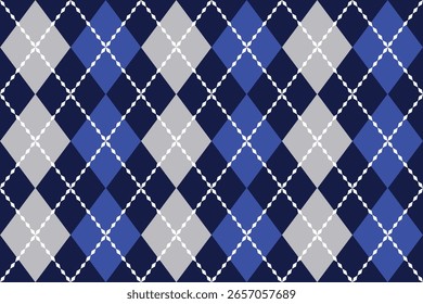 A seamless argyle pattern featuring interlocking diamonds in navy blue, royal blue, gray, and black, with dotted white lines. Perfect for textile design, fashion accessories, backgrounds, stationery, 