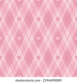 Seamless argyle pattern with hearts in pastel pink colours. Vector Valentine's Day background. Editable geometric background.