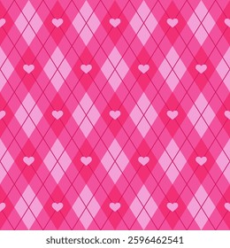 Seamless argyle pattern with hearts in pink colours. Vector Valentine's Day background. Editable geometric background.