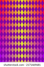 Patrón de argyle sin inconveniente. Forma de rombo geométrico púrpura. Fondo de gradiente rojo, rosa y amarillo. Ilustración vectorial.