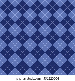 Seamless argyle pattern. Rhombus of blue color. Texture for plaid, tablecloths, clothes, shirts, dresses, bedding, sweater, socks and other textile products. Vector illustration.