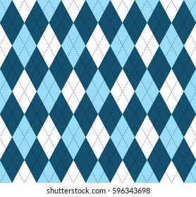 Seamless Argyle Pattern. Traditional Diamond Check Print In Moderate Blue, Soft Blue And White With Black Stitch