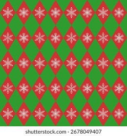 Seamless argyle pattern with white snowflakes.Colorful harlequin repeat pattern in green and red for Christmas.Winter vector graphic background for textile and prints.