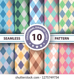 Seamless argyle plaid blue pattern. Diamond check - idea for your print. Hand draw