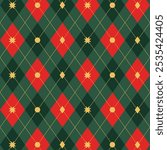 Seamless argyle plaid Christmas pattern. Traditional Scottish ornament in green, red and yellow rhombuses. Background with lozenge diamonds and octagonal stars. Fabric texture. Vector illustration.