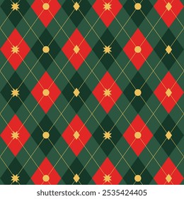 Seamless argyle plaid Christmas pattern. Traditional Scottish ornament in green, red and yellow rhombuses. Background with lozenge diamonds and octagonal stars. Fabric texture. Vector illustration.