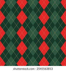 Seamless argyle plaid Christmas pattern. Traditional Scottish ornament with green, red rhombus. Yellow dashed stroke. Background with lozenge geometric diamonds. Fabric texture. Vector illustration.