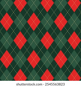 Seamless argyle plaid Christmas pattern. Traditional Scottish ornament with green, red rhombus. Yellow dashed stroke. Background with lozenge geometric diamonds. Fabric texture. Vector illustration.