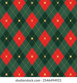 Seamless argyle plaid Christmas pattern. Traditional Scottish ornament with green, red rhombus. Yellow dashed stroke. Background with diamonds and octagonal stars. Fabric texture. Vector illustration.