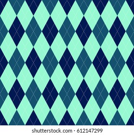 Seamless argyle plaid pattern in palette of dark indigo blue, teal, aquamarine and white.