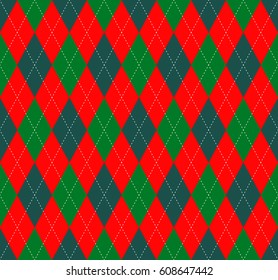 Seamless argyle plaid pattern in shades of green, bright red and white. Diamond check print in traditional Christmas color palette.