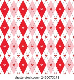 Seamless argyle plaid red tone pattern with mini hearts, sweater pattern design, Fabric texture background. geometric stitched vector graphic for gift paper